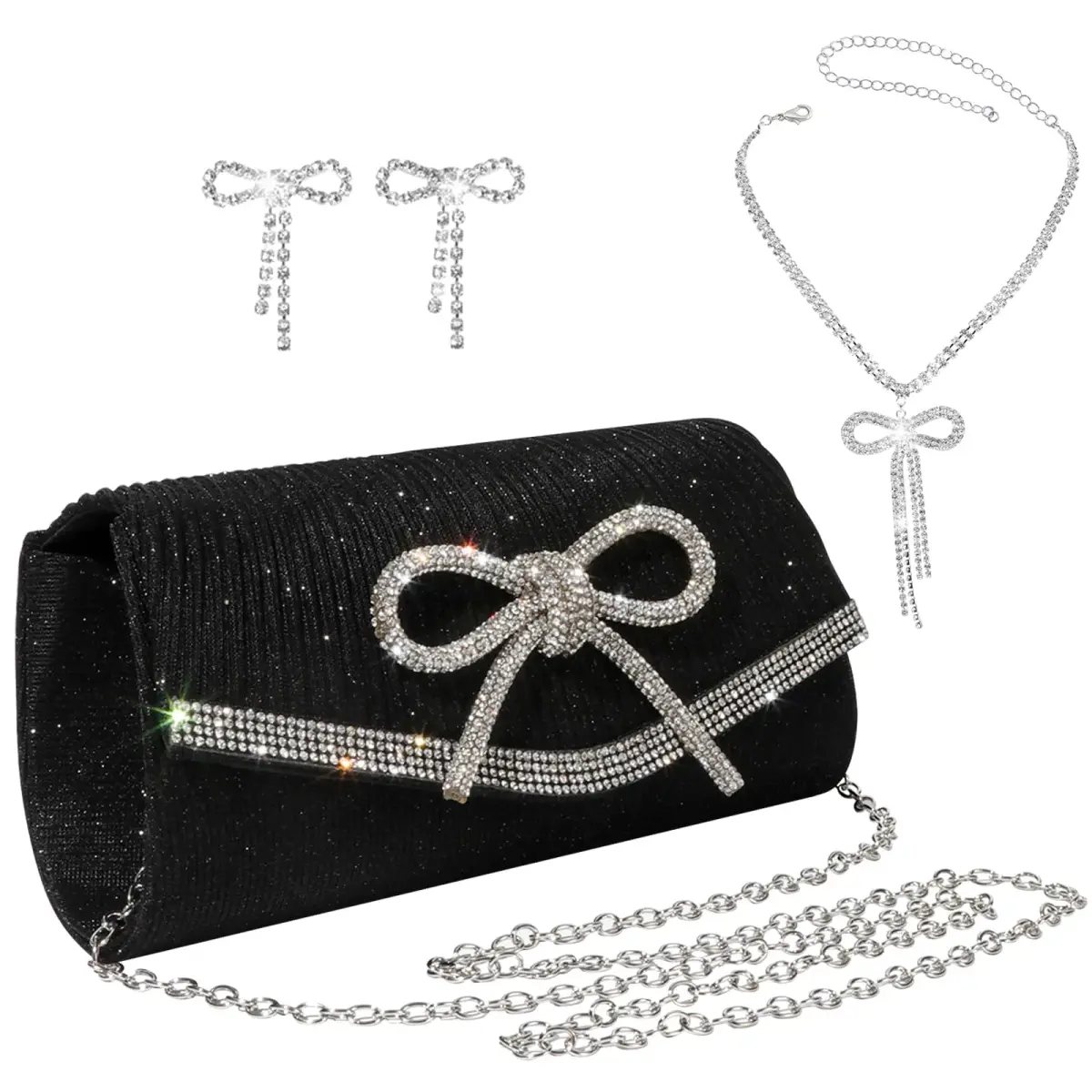 JIAN YA NA Rhinestone Trihedral Clutch Evening Bag with Delicate Black Bow - 11.3cm x 15.5cm - main product image