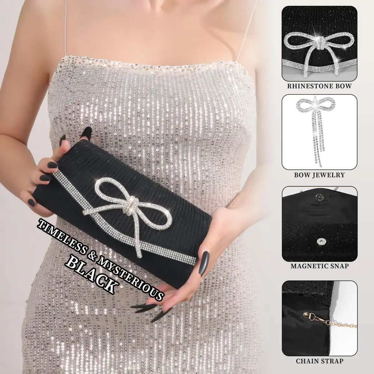 JIAN YA NA Rhinestone Trihedral Clutch Evening Bag with Delicate Black Bow - 11.3cm x 15.5cm - view 3