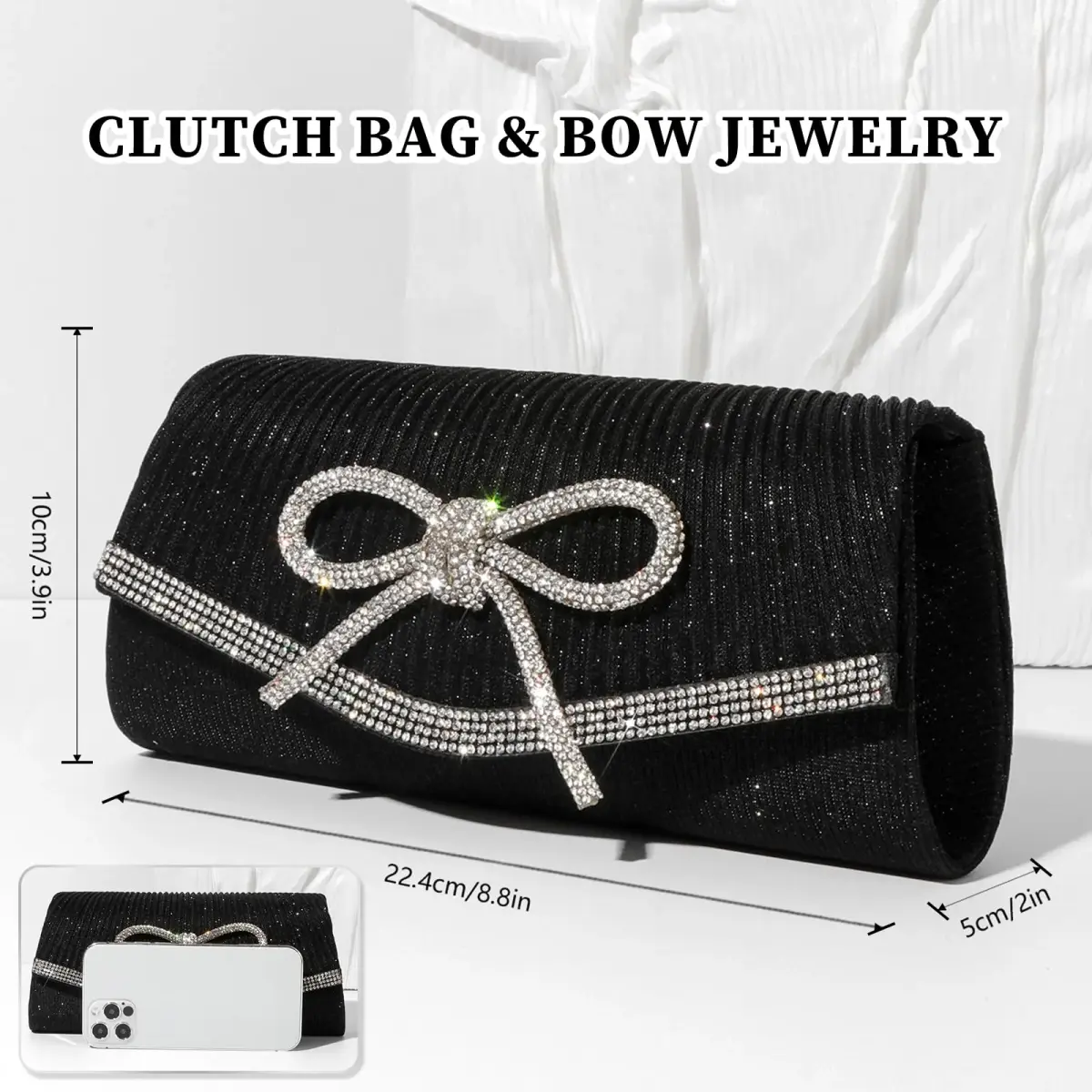 JIAN YA NA Rhinestone Trihedral Clutch Evening Bag with Delicate Black Bow - 11.3cm x 15.5cm - view 4