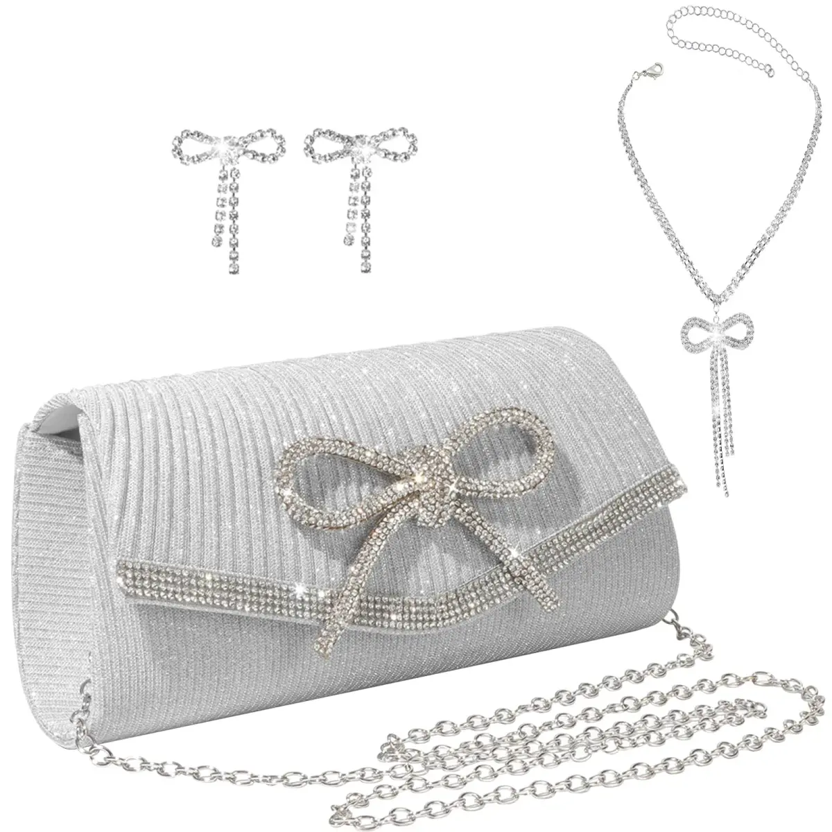 JIAN YA NA Rhinestone Trihedral Clutch Evening Bag - Delicate Silver Bow - main product image