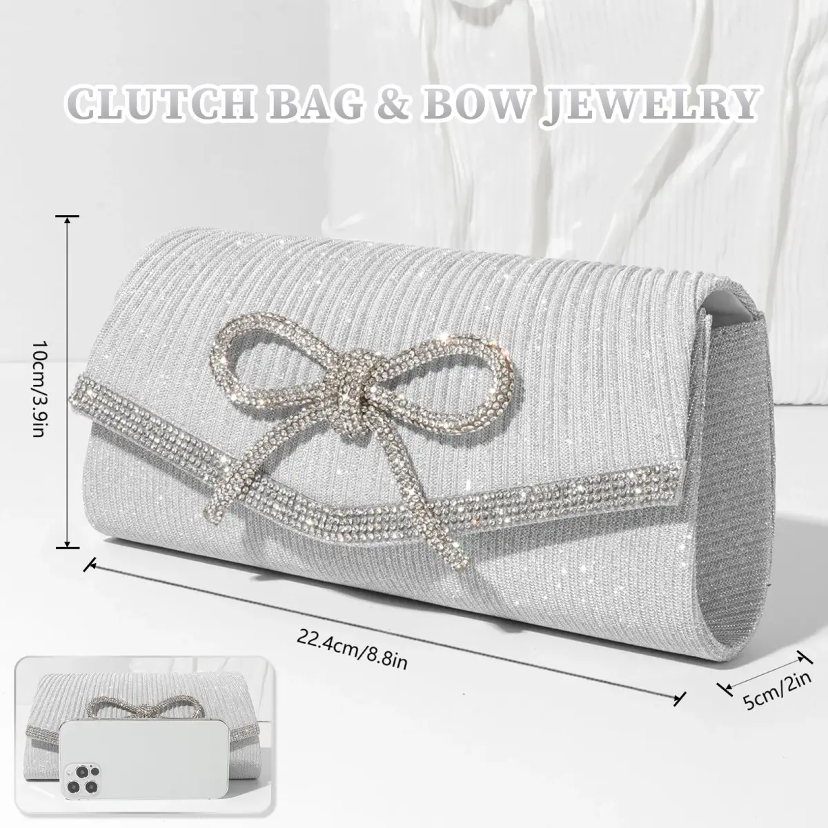 JIAN YA NA Rhinestone Trihedral Clutch Evening Bag - Delicate Silver Bow - view 4