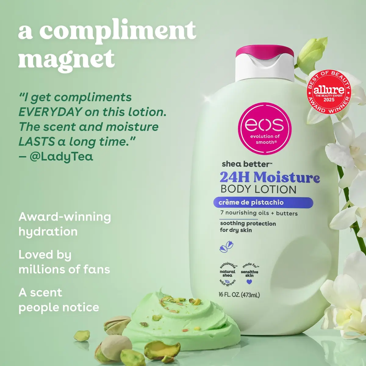 eos Shea Better Body Lotion Crème de Pistachio 473ml (16 fl oz) | Dermatologist Recommended for All Skin Types - view 3