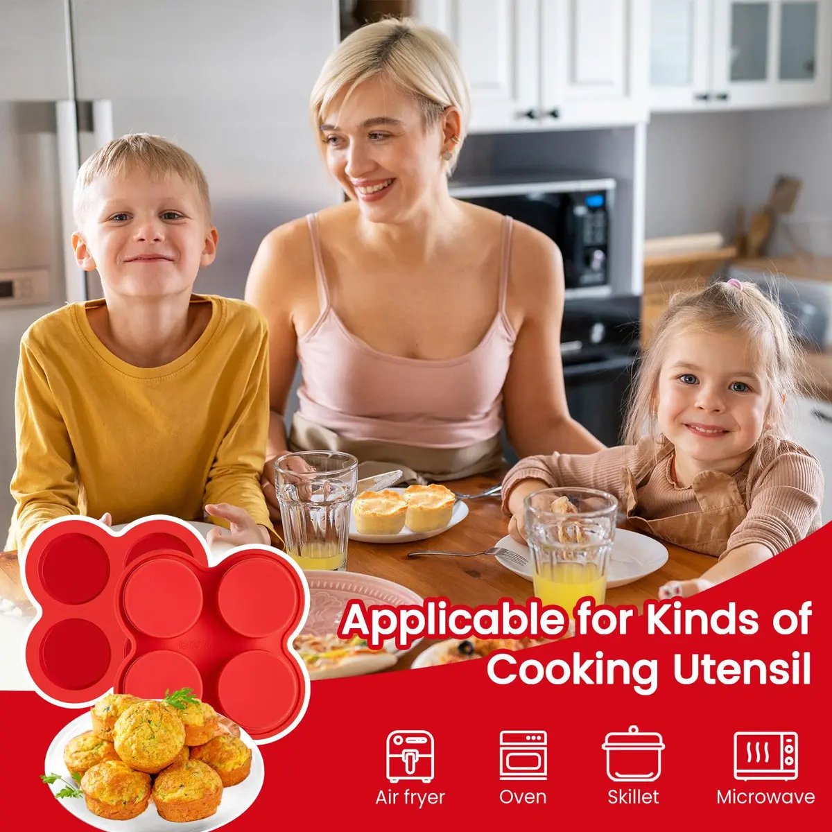 JOERSH Silicone Air Fryer Muffin Pan, 4 Cups, 2 Pack | Makes 8 Egg Bites or Mini Muffins - view 7