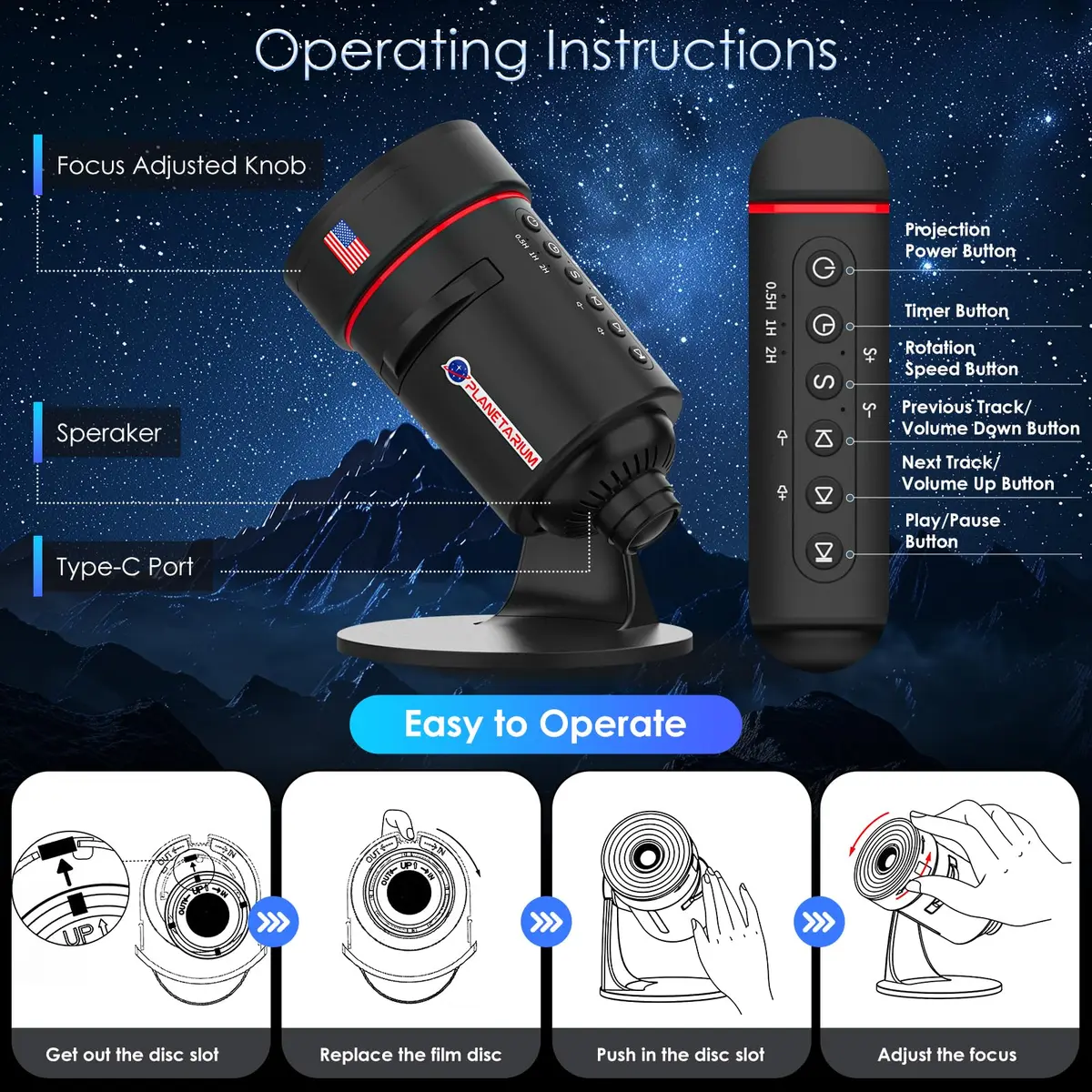 VanSmaGo Galaxy Projector with 28 Soothing Sounds & 10 Film Slides, 15.8cm x 14.5cm x 12.5cm | HD Starry Sky Projection for Adults - view 5