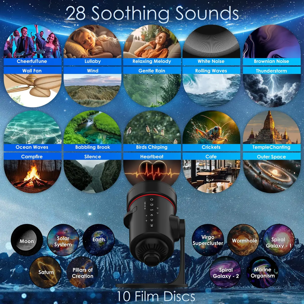 VanSmaGo Galaxy Projector with 28 Soothing Sounds & 10 Film Slides, 15.8cm x 14.5cm x 12.5cm | HD Starry Sky Projection for Adults - view 2