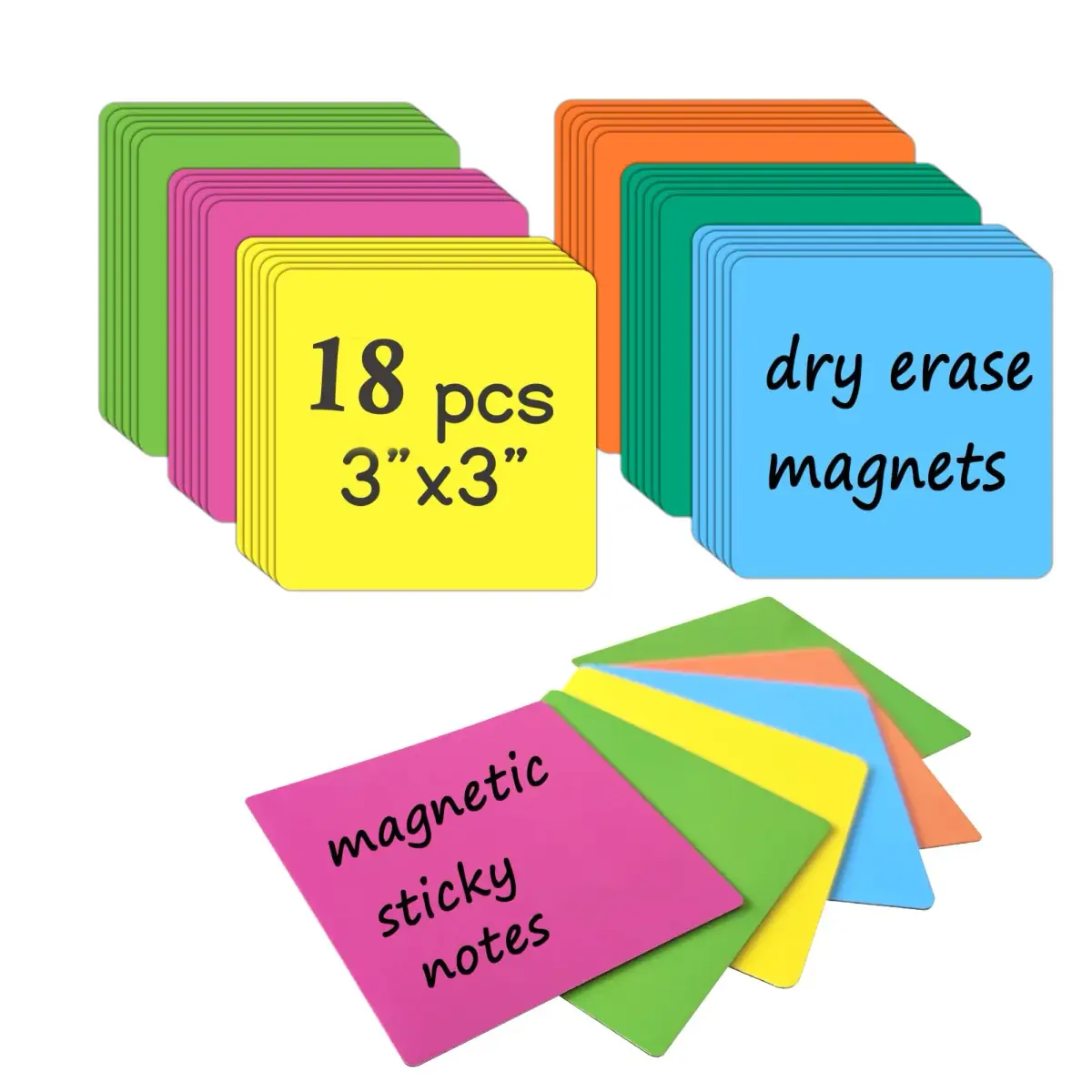 NIUBIKLUS Magnetic Dry Erase Reusable Sticky Notes 7.6cm x 7.6cm (3" x 3") | Pack of 18 for Whiteboards, Fridges, Lockers - main product image