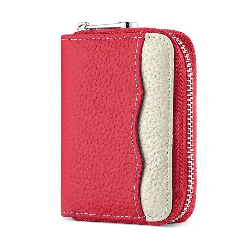 Linno RFID Genuine Leather Credit Card Holder Small Wallet with Zipper - New Red, 20 Slots - main product image