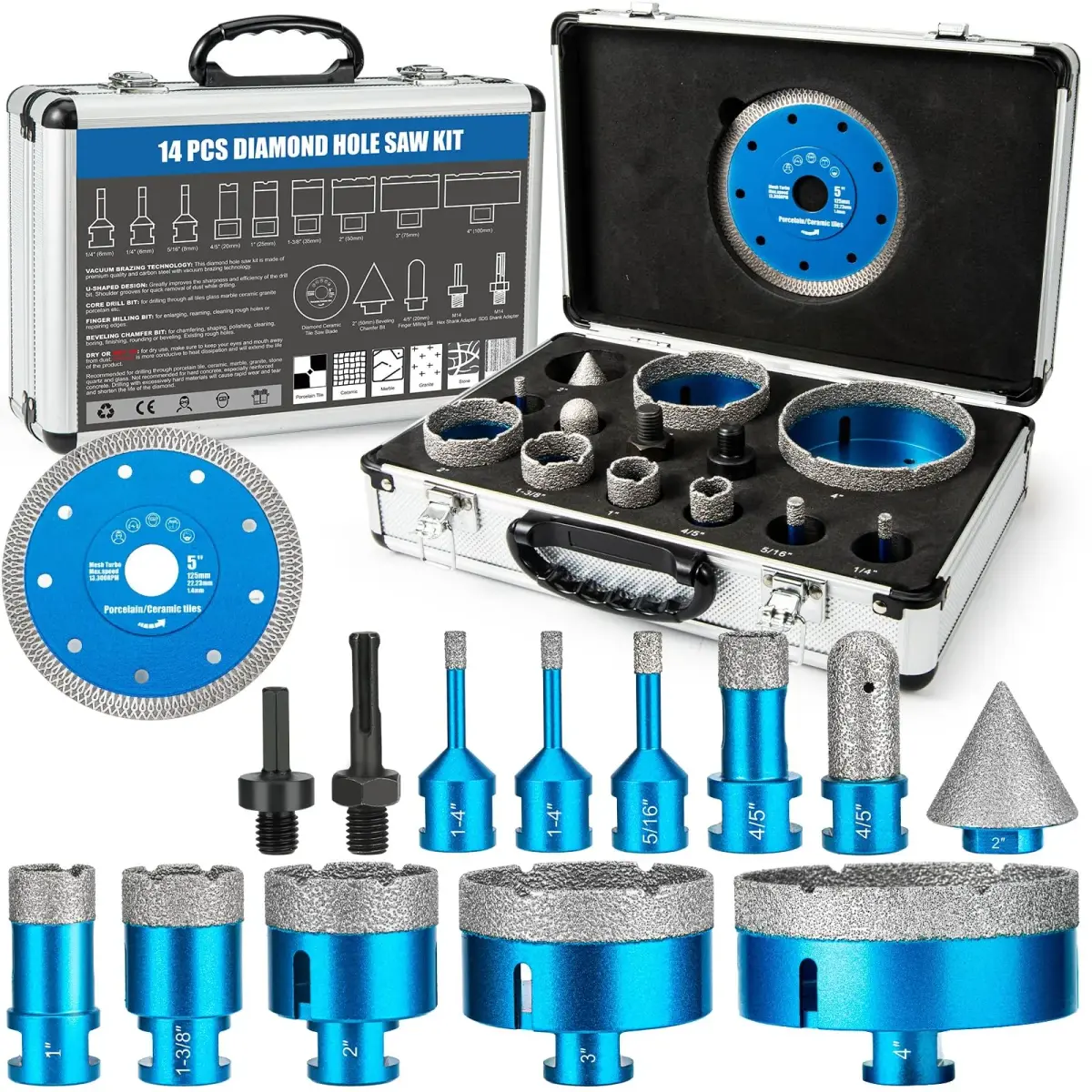 Semderm Diamond Tile Hole Saw Kit 14 PCS Set 6-100mm | Precision Cutting for Tile, Ceramic, Porcelain, Marble - main product image
