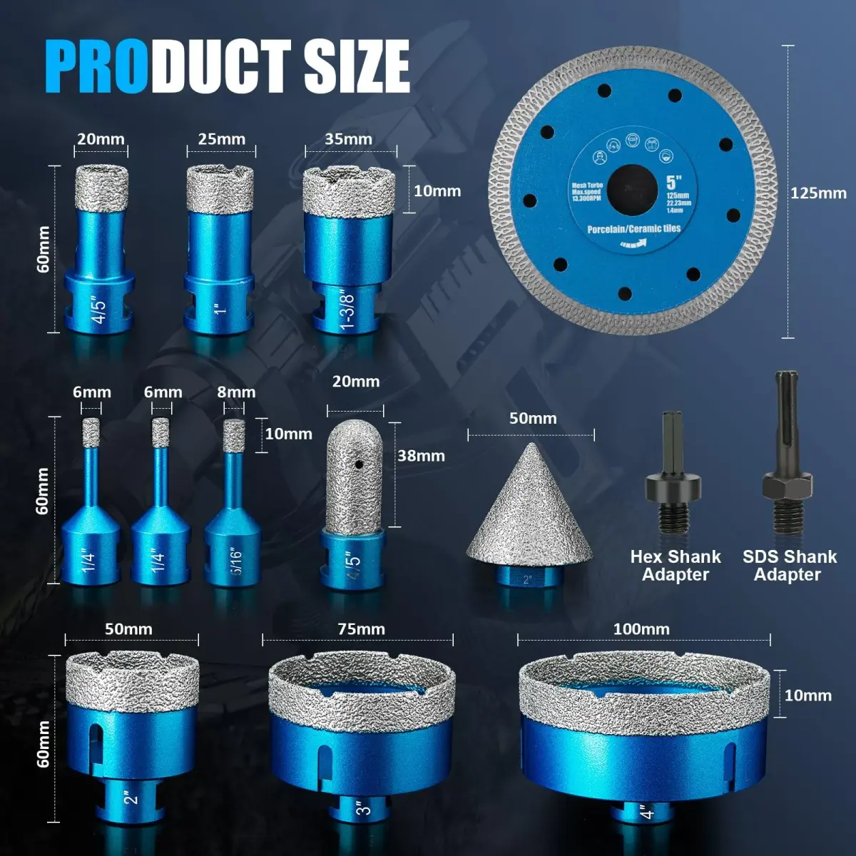 Semderm Diamond Tile Hole Saw Kit 14 PCS Set 6-100mm | Precision Cutting for Tile, Ceramic, Porcelain, Marble - view 2