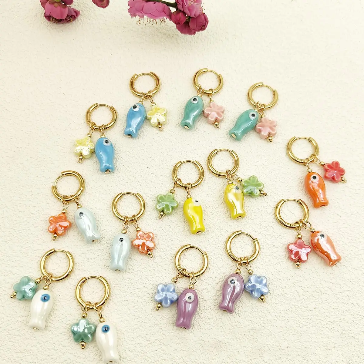 ANCADN Ceramic Fish Beads 20pcs | Cute Animal Beads for DIY Jewelry (Pink & Blue, Medium) - view 3