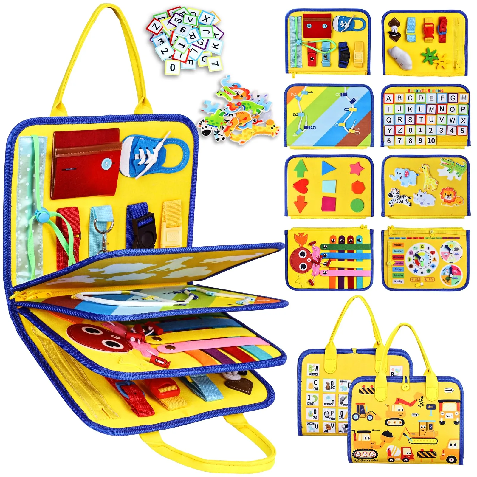 Esjay Toddler Busy Board Montessori Toy with Yellow Truck Pattern, 8 Pages of Activities | USA Imported Educational Learning Toy - main product image