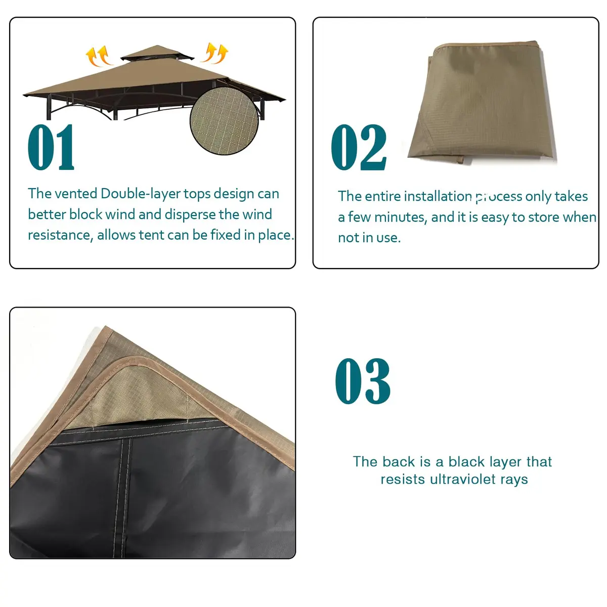 Wonwon Grill Gazebo Replacement Canopy Top 5x8 Khaki Ripstop | Double Tiered Outdoor BBQ Cover - view 5
