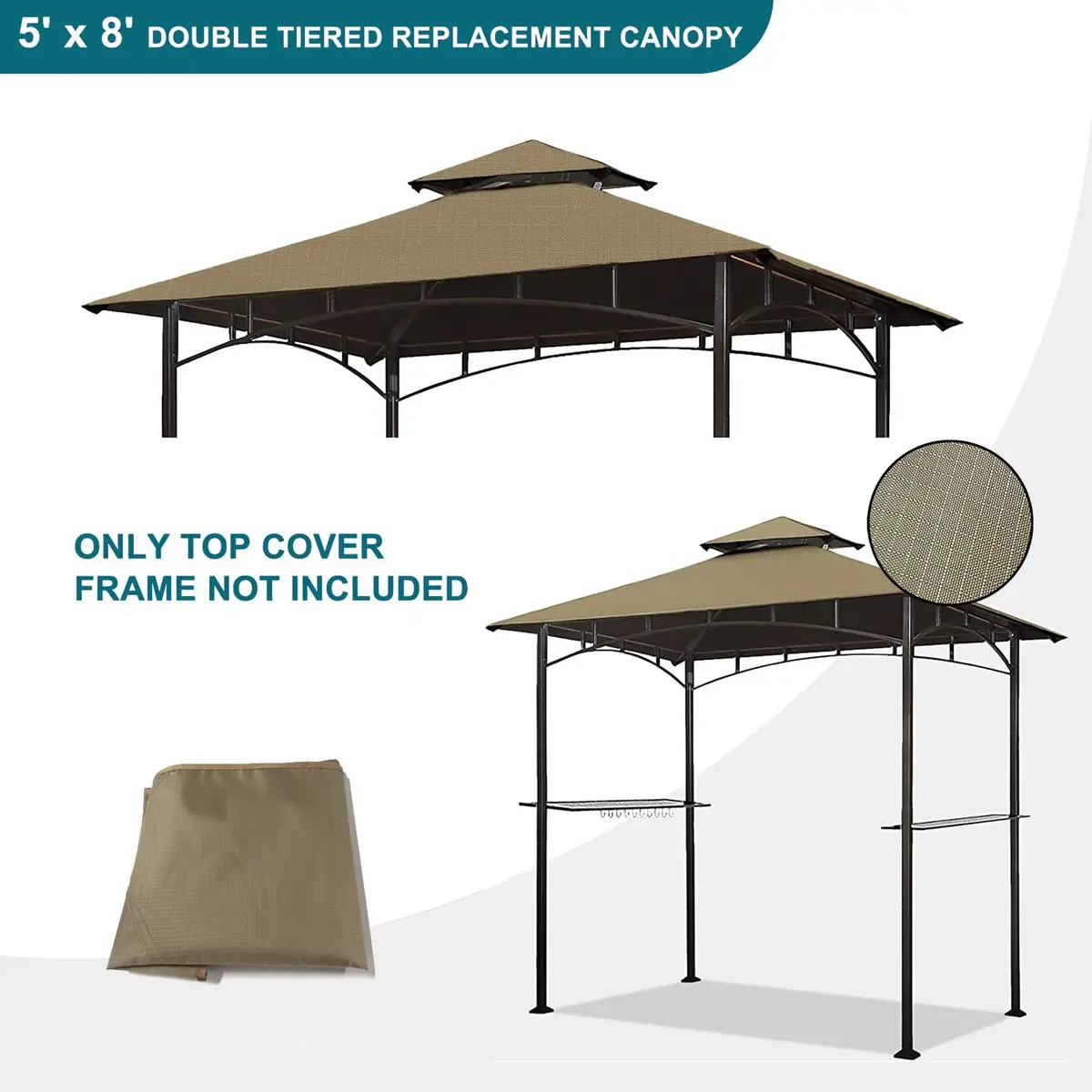 Wonwon Grill Gazebo Replacement Canopy Top 5x8 Khaki Ripstop | Double Tiered Outdoor BBQ Cover - view 4