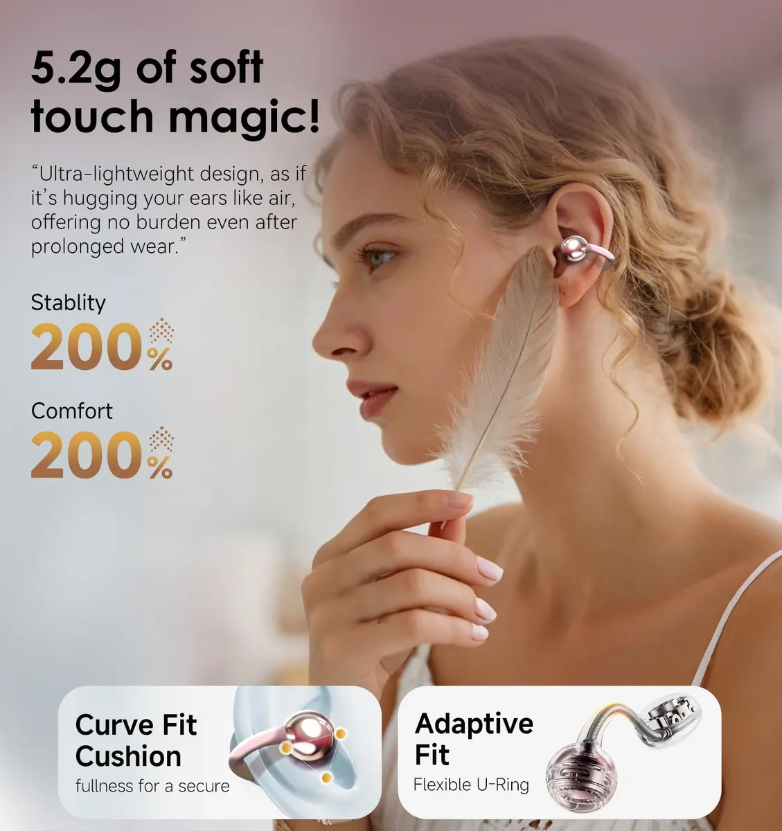 Kinglucky Clip-On Earbuds Gen 3 | Open-Ear Wireless Bluetooth 6.0 Headphones with Mic, 50H Play, ENC, Waterproof, Pink - view 5