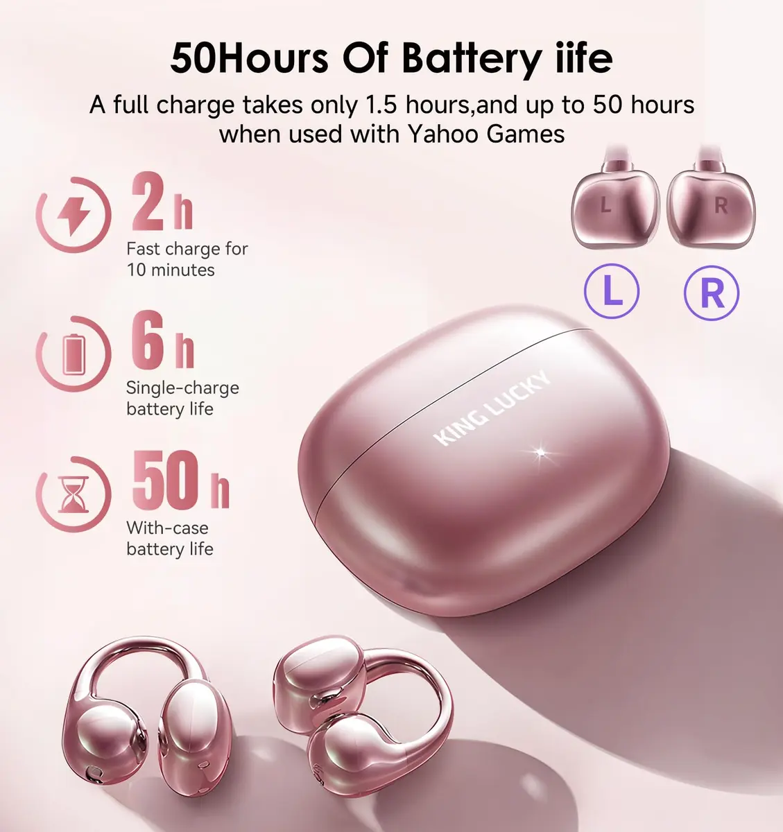 Kinglucky Clip-On Earbuds Gen 3 | Open-Ear Wireless Bluetooth 6.0 Headphones with Mic, 50H Play, ENC, Waterproof, Pink - view 6