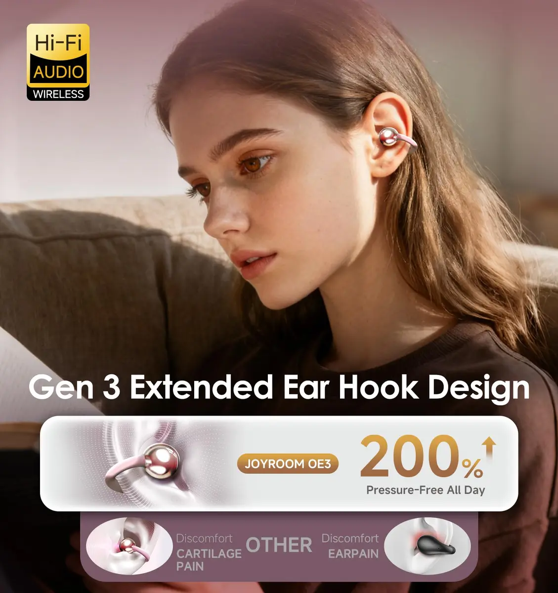 Kinglucky Clip-On Earbuds Gen 3 | Open-Ear Wireless Bluetooth 6.0 Headphones with Mic, 50H Play, ENC, Waterproof, Pink - view 3