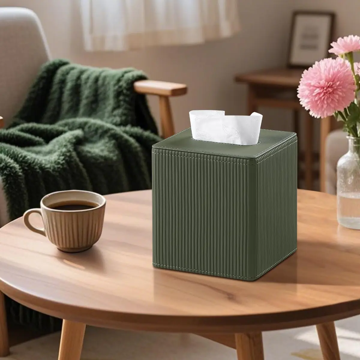 Cretkhp PU Leather Square Tissue Box Cover Green | Modern Decorative Holder for Bathroom, Office, Desk - view 5