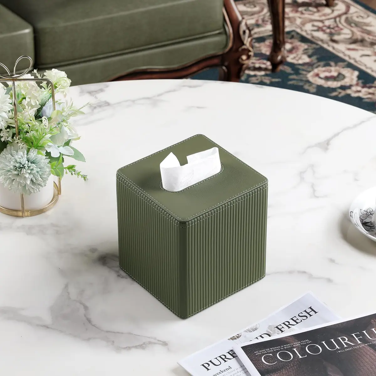 Cretkhp PU Leather Square Tissue Box Cover Green | Modern Decorative Holder for Bathroom, Office, Desk - view 6