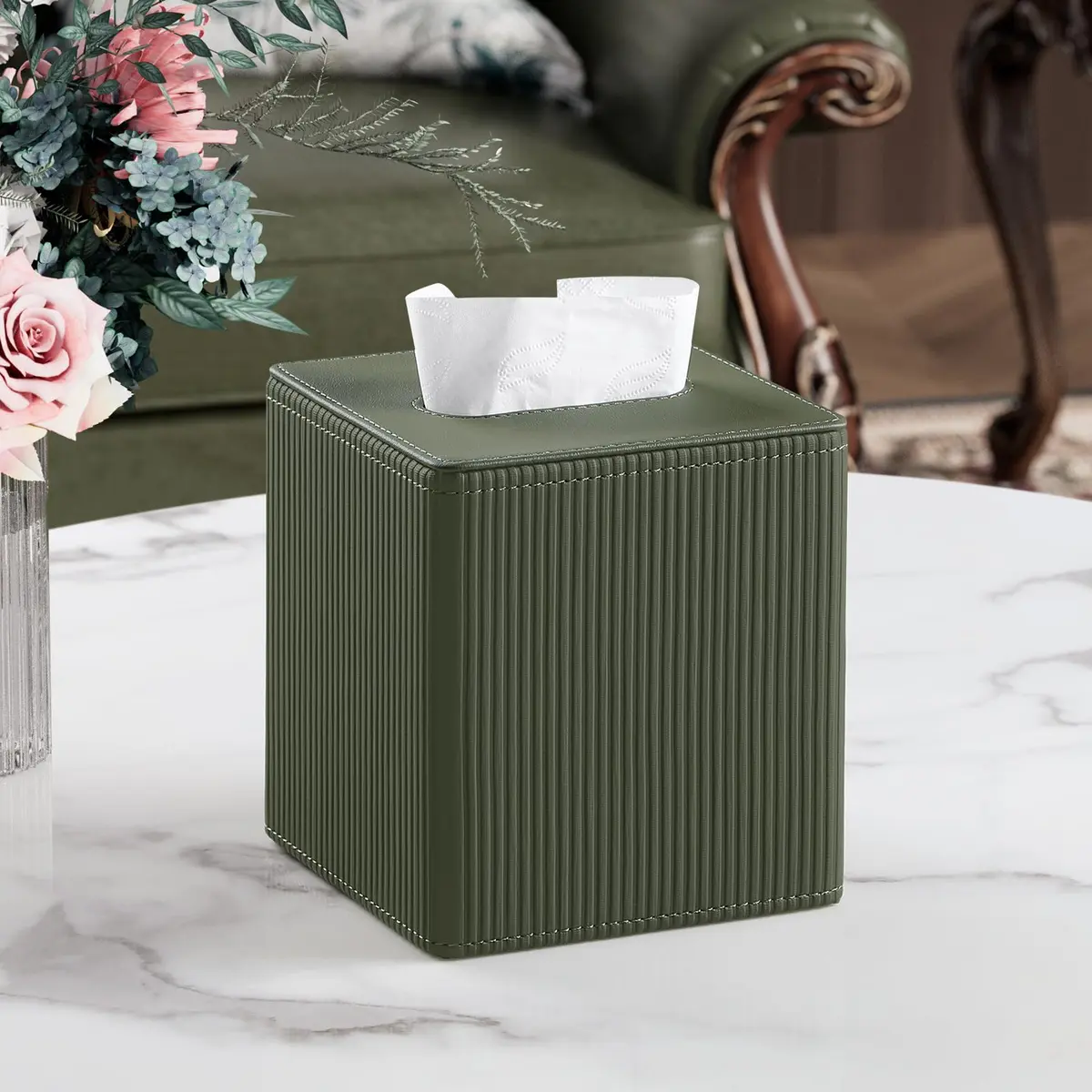 Cretkhp PU Leather Square Tissue Box Cover Green | Modern Decorative Holder for Bathroom, Office, Desk - view 2