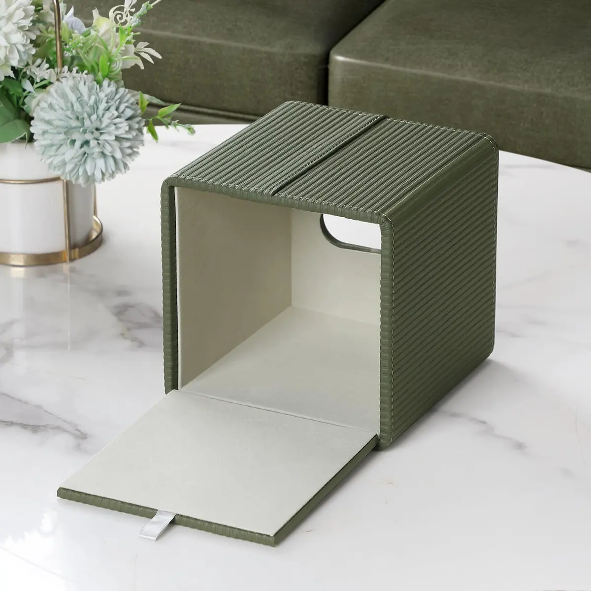 Cretkhp PU Leather Square Tissue Box Cover Green | Modern Decorative Holder for Bathroom, Office, Desk - view 3