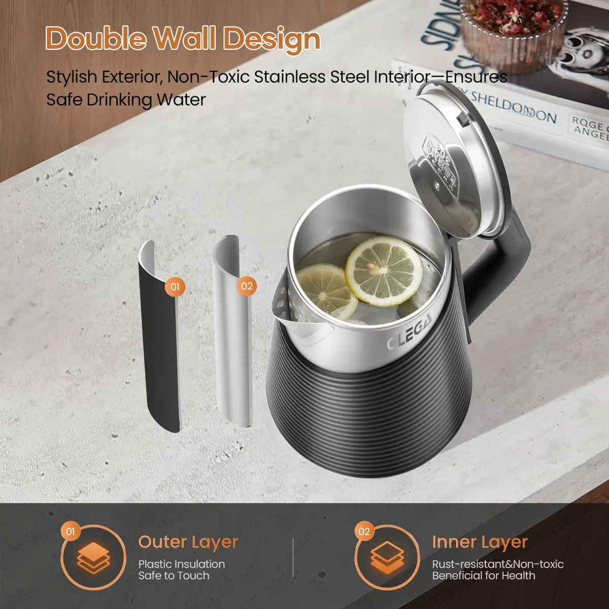 Olega Electric Kettle 1.8L | 1500W Stainless Steel Water Boiling for Coffee & Tea - view 5