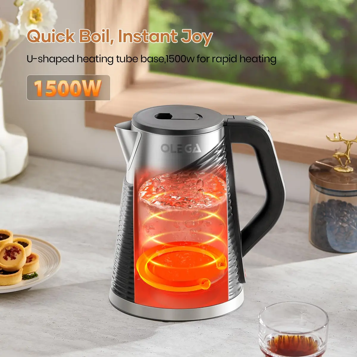 Olega Electric Kettle 1.8L | 1500W Stainless Steel Water Boiling for Coffee & Tea - view 2