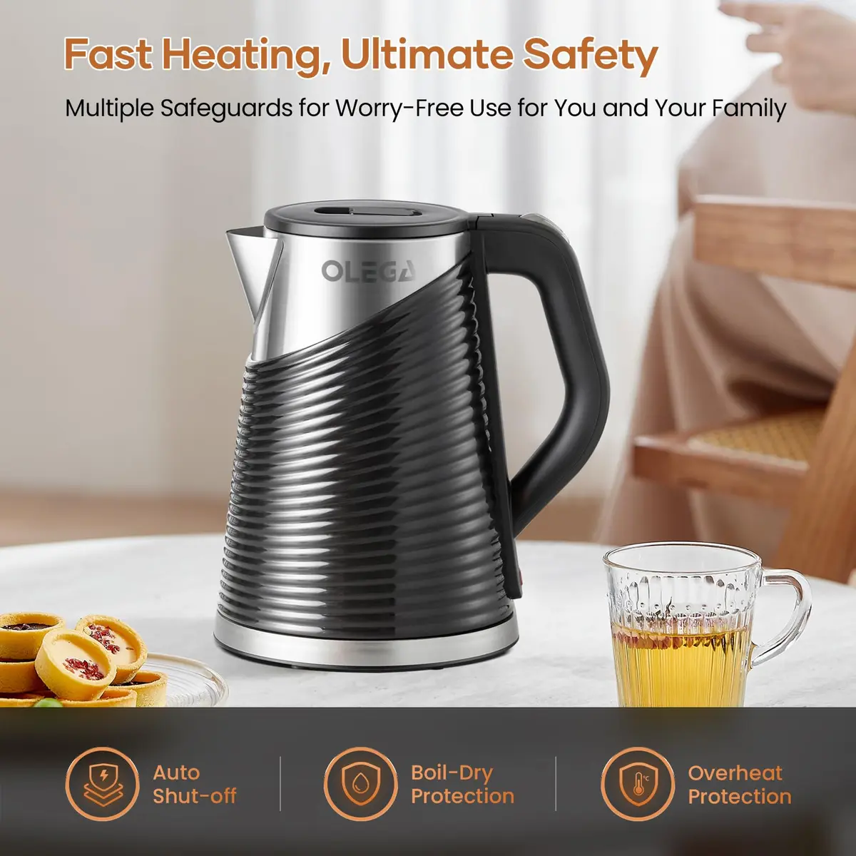 Olega Electric Kettle 1.8L | 1500W Stainless Steel Water Boiling for Coffee & Tea - view 3