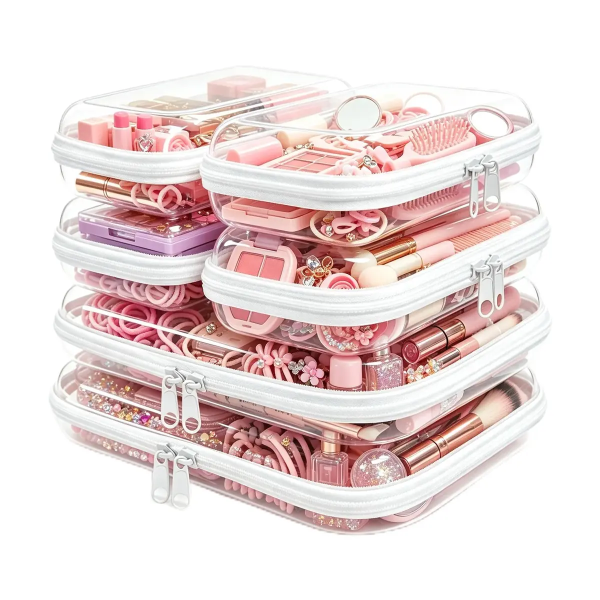 FHDUSRYO 6 Pcs Clear Hard Shell Zipper Case, Travel Makeup Bag | Multi-Size Waterproof Organizer for Cosmetics & Toiletries - main product image