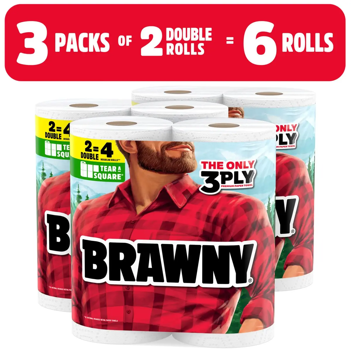 Brawny Tear-A-Square 3-Ply Paper Towels, 6 Double Rolls = 12 Regular Rolls | Strong, Absorbent, Eco-Friendly - view 2