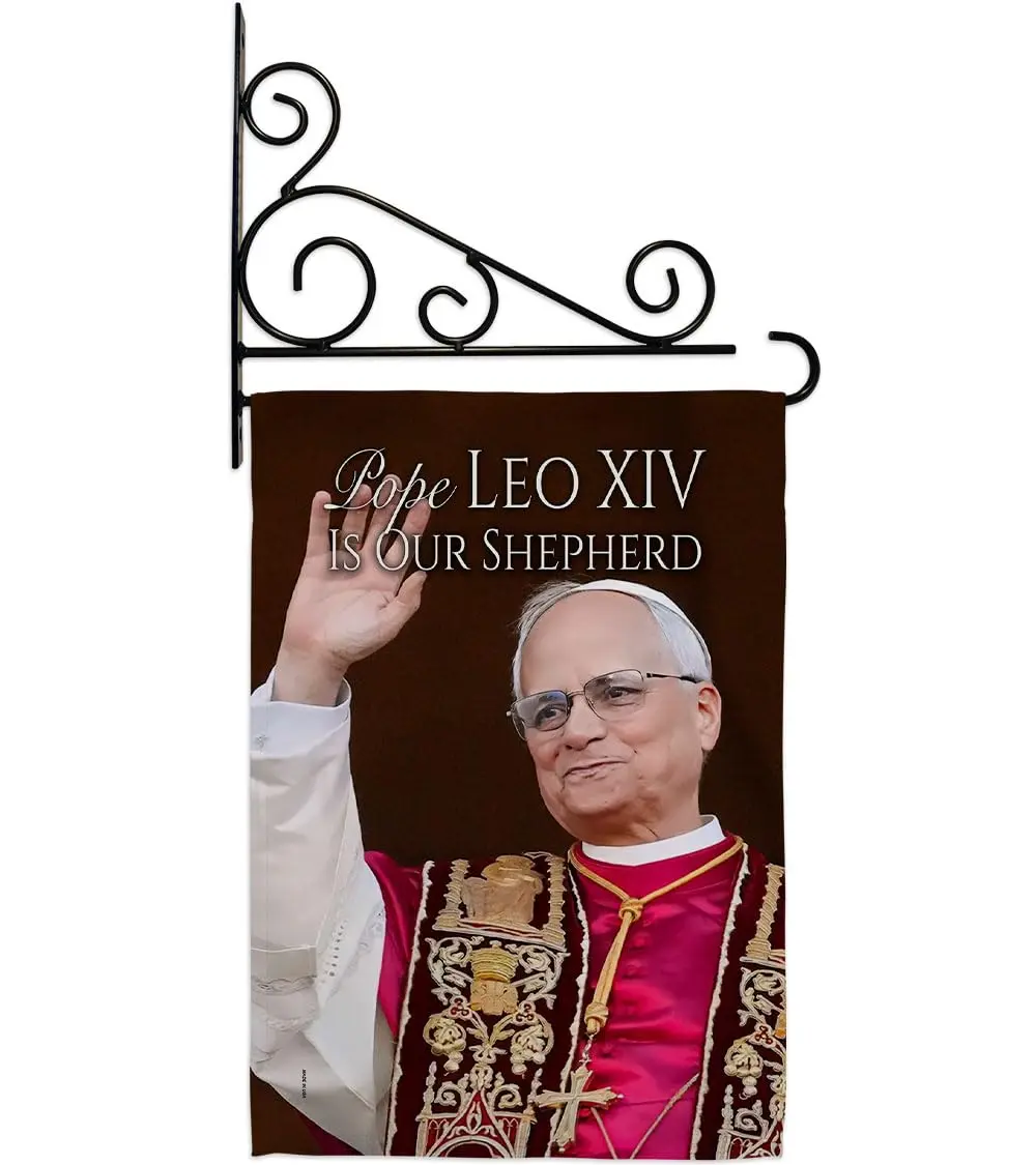 Pope Leo XIV Catholic Flag Holder Kit Wall Hanging Canvas Tapestry 13" x 18.5" | Weather Resistant Indoor/Outdoor Use - main product image