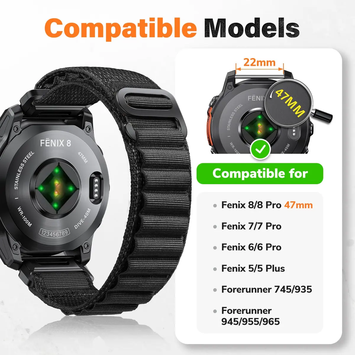 NotoCity Alpine Loop Nylon Watch Band Compatible with Garmin Fenix 8/7/6/5 Series 47mm, Quickfit 22mm Rugged Watch Bands for Epix Gen 2/Fenix 8 Pro/7 Pro/6 Pro/5 Plus/Forerunner 935/S62 (Black) - view 2