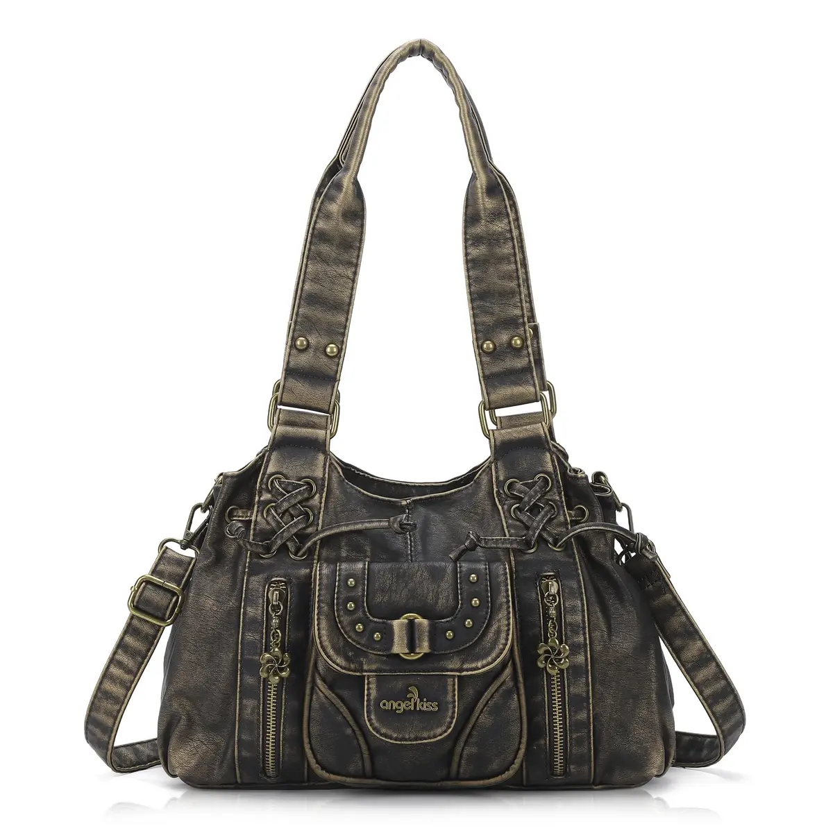 Angel Kiss Small Hobo Bag for Women Retro Washed Leather Shoulder Handbag Roomy Top Handles with Removable Strap | Vintage Chic & Practical - main product image