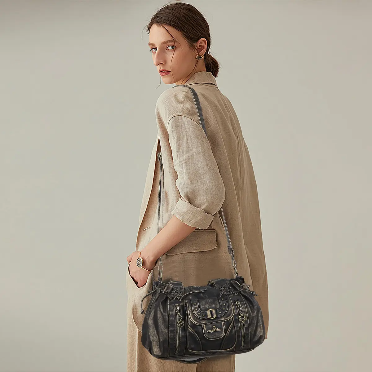 Angel Kiss Small Hobo Bag for Women Retro Washed Leather Shoulder Handbag Roomy Top Handles with Removable Strap | Vintage Chic & Practical - view 8