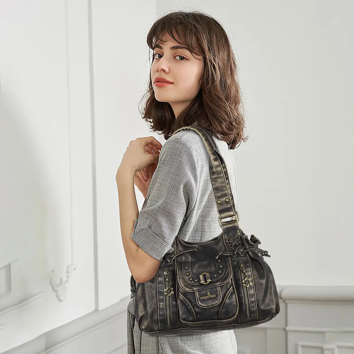 Angel Kiss Small Hobo Bag for Women Retro Washed Leather Shoulder Handbag Roomy Top Handles with Removable Strap | Vintage Chic & Practical - view 2