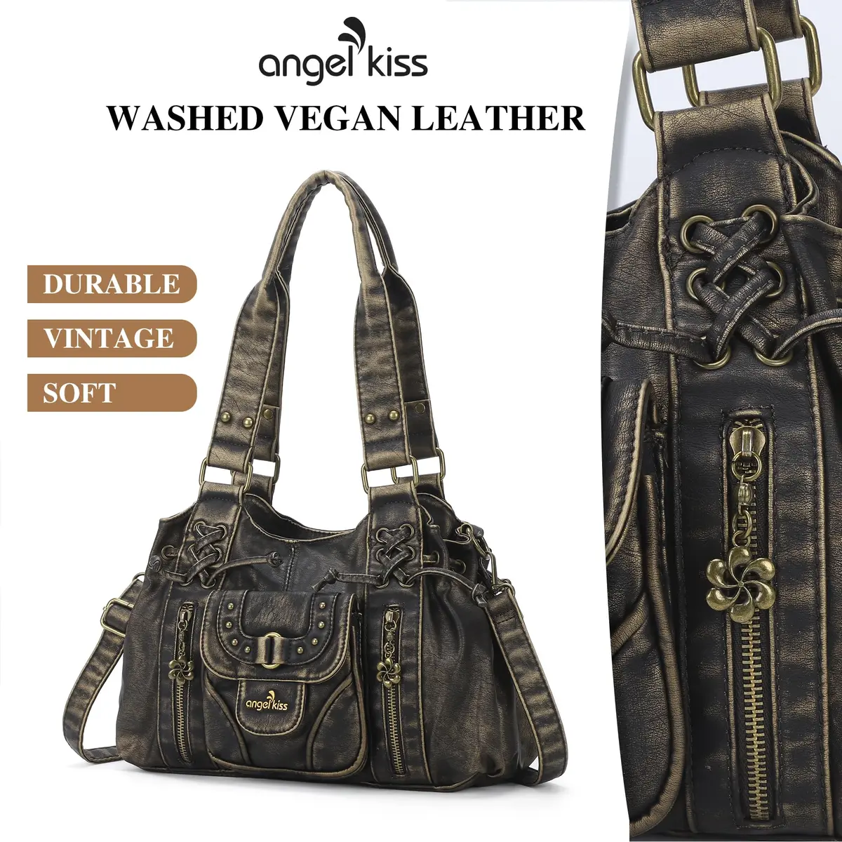 Angel Kiss Small Hobo Bag for Women Retro Washed Leather Shoulder Handbag Roomy Top Handles with Removable Strap | Vintage Chic & Practical - view 3