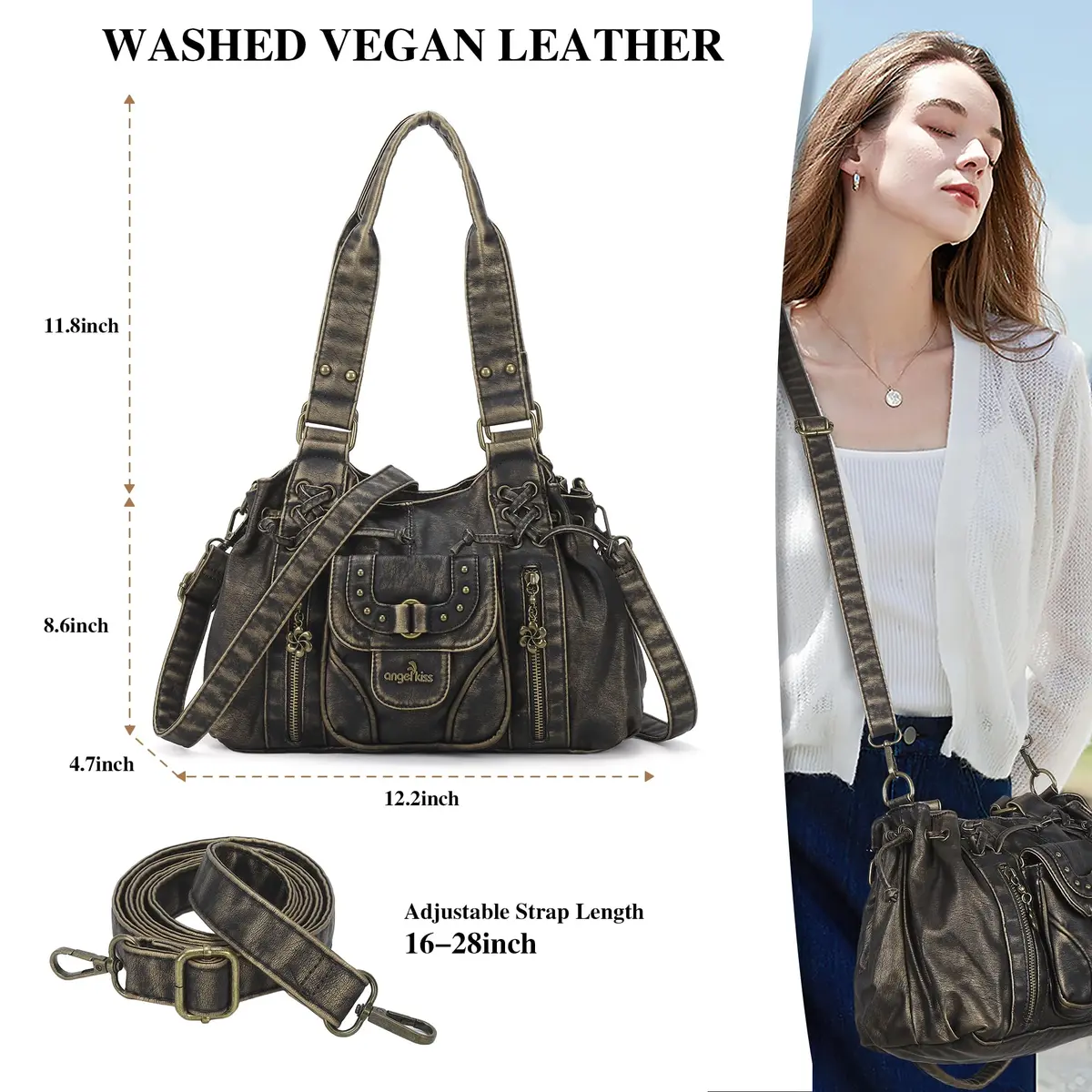 Angel Kiss Small Hobo Bag for Women Retro Washed Leather Shoulder Handbag Roomy Top Handles with Removable Strap | Vintage Chic & Practical - view 4