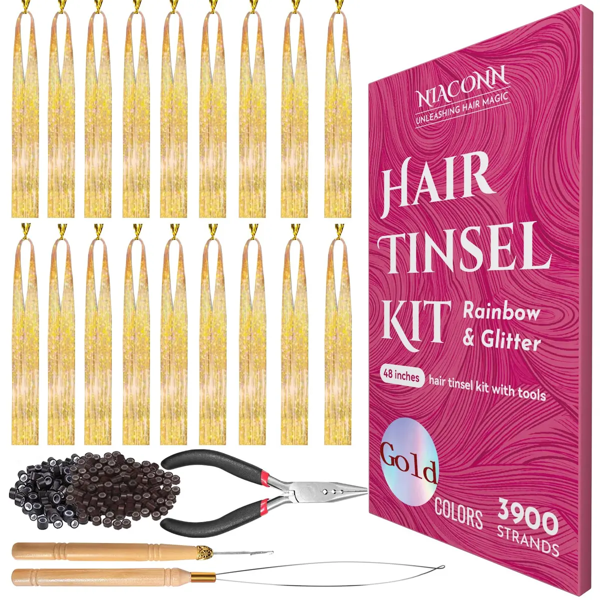 NIACONN Gold Fairy Hair Tinsel Kit Girls Glitter Hair Extension | 48 Inch Heat-Resistant Sparkle - main product image