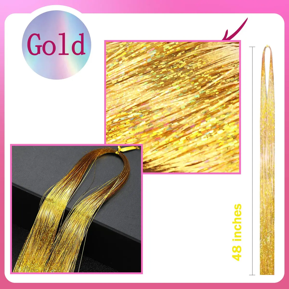 NIACONN Gold Fairy Hair Tinsel Kit Girls Glitter Hair Extension | 48 Inch Heat-Resistant Sparkle - view 3