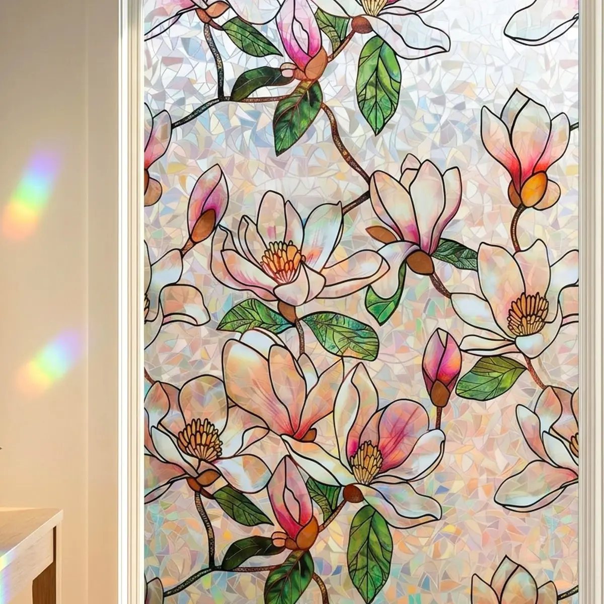 Mikomer Magnolia Rainbow Window Film Privacy Door Tint 17.5x78.7in | Stained Glass Sun Blocking Decor - main product image