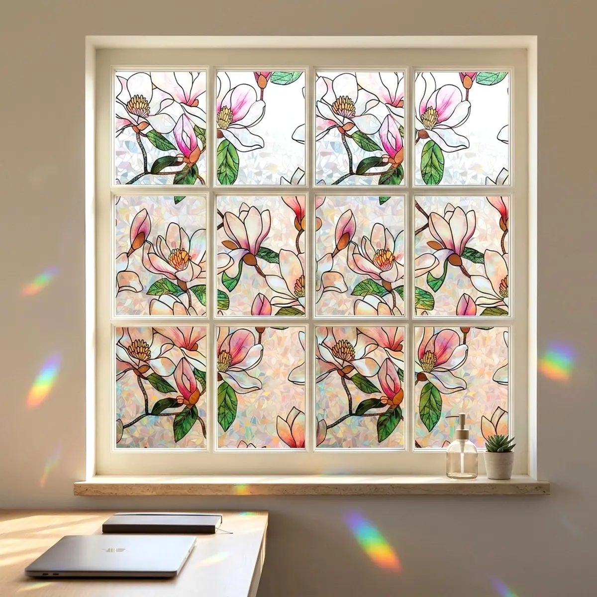 Mikomer Magnolia Rainbow Window Film Privacy Door Tint 17.5x78.7in | Stained Glass Sun Blocking Decor - view 5