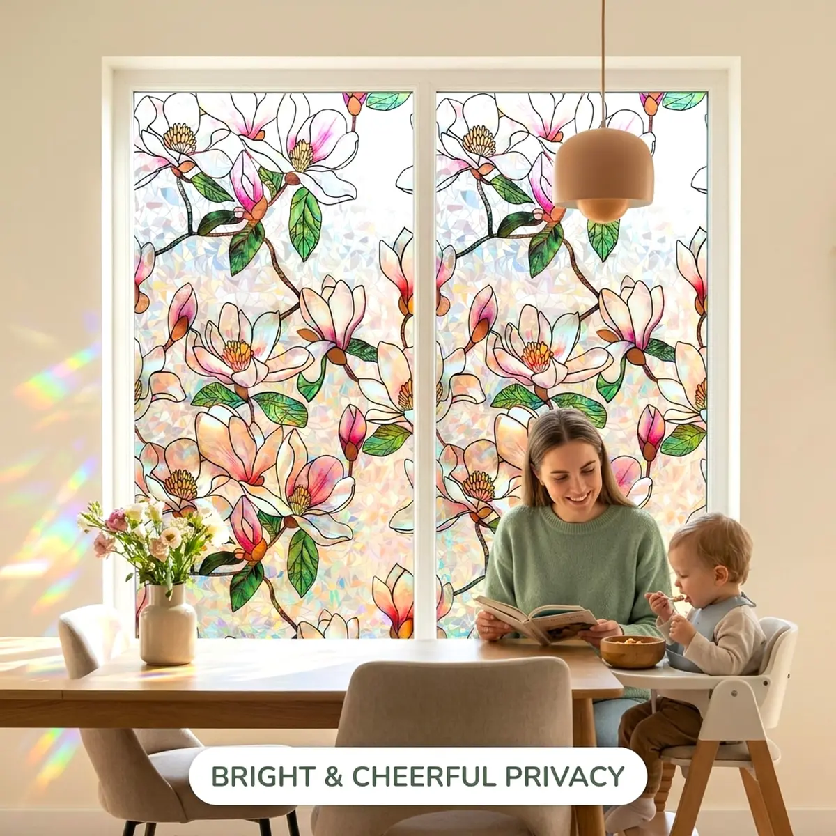 Mikomer Magnolia Rainbow Window Film Privacy Door Tint 17.5x78.7in | Stained Glass Sun Blocking Decor - view 6