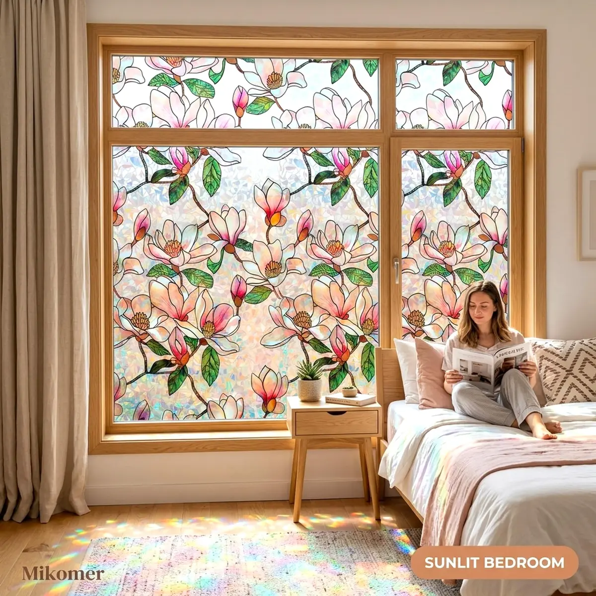 Mikomer Magnolia Rainbow Window Film Privacy Door Tint 17.5x78.7in | Stained Glass Sun Blocking Decor - view 4