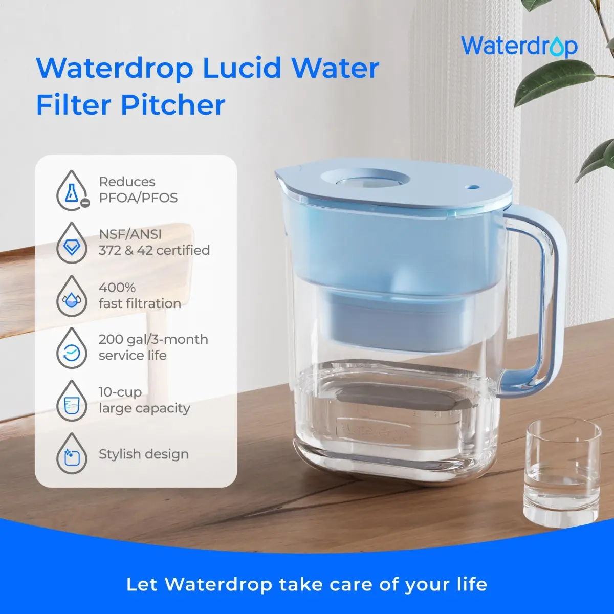 Waterdrop PT-07B Water Filter Pitcher 2.27 kg (10-Cup) with 3 Filters | NSF Certified for PFOA/PFOS Reduction - view 2