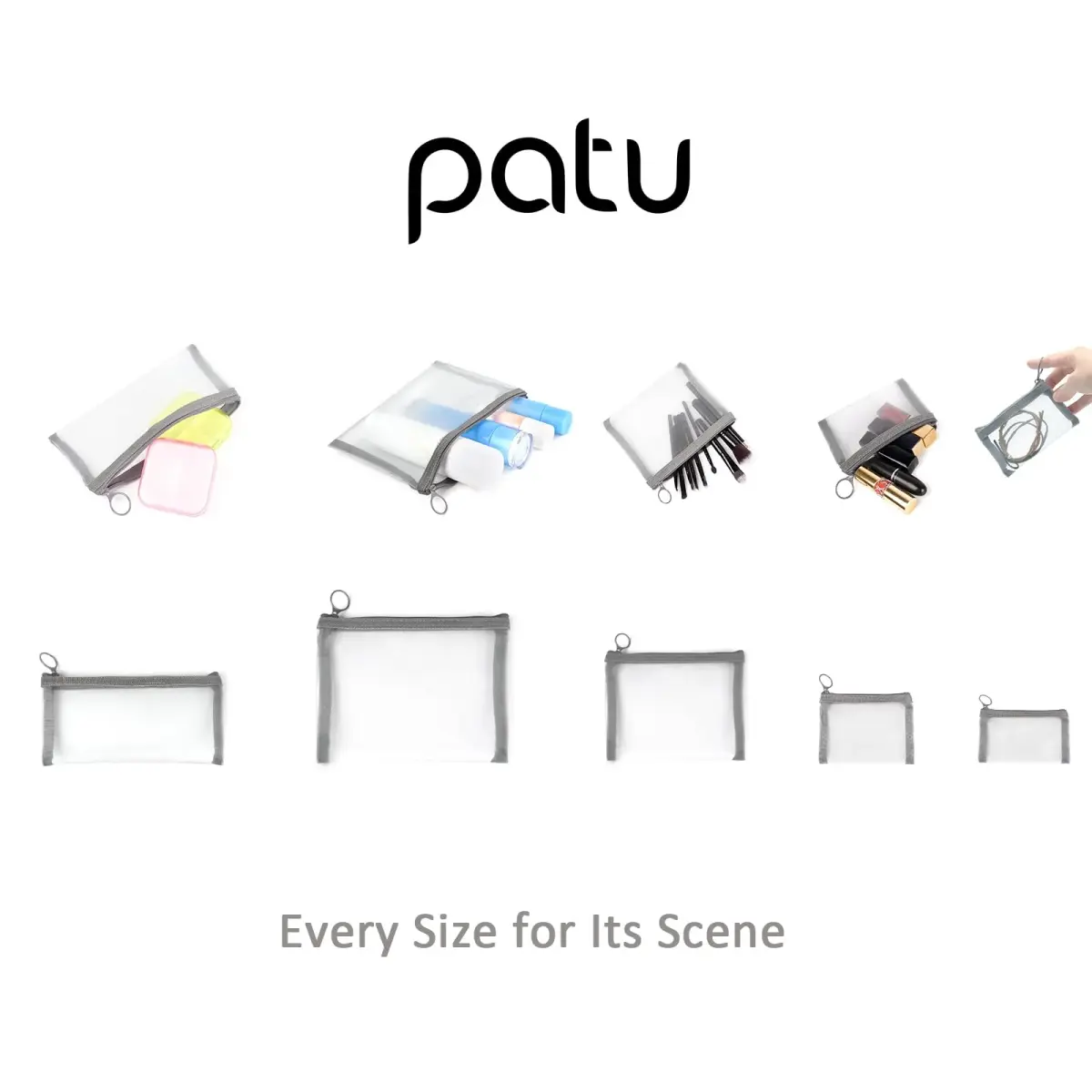 patu Zipper Mesh Bags Set of 5 (XS/S/M/L & Long Pouch) | Gray Cosmetic Travel Organizer 23.5cm x 18cm (9.25" x 7") - view 4