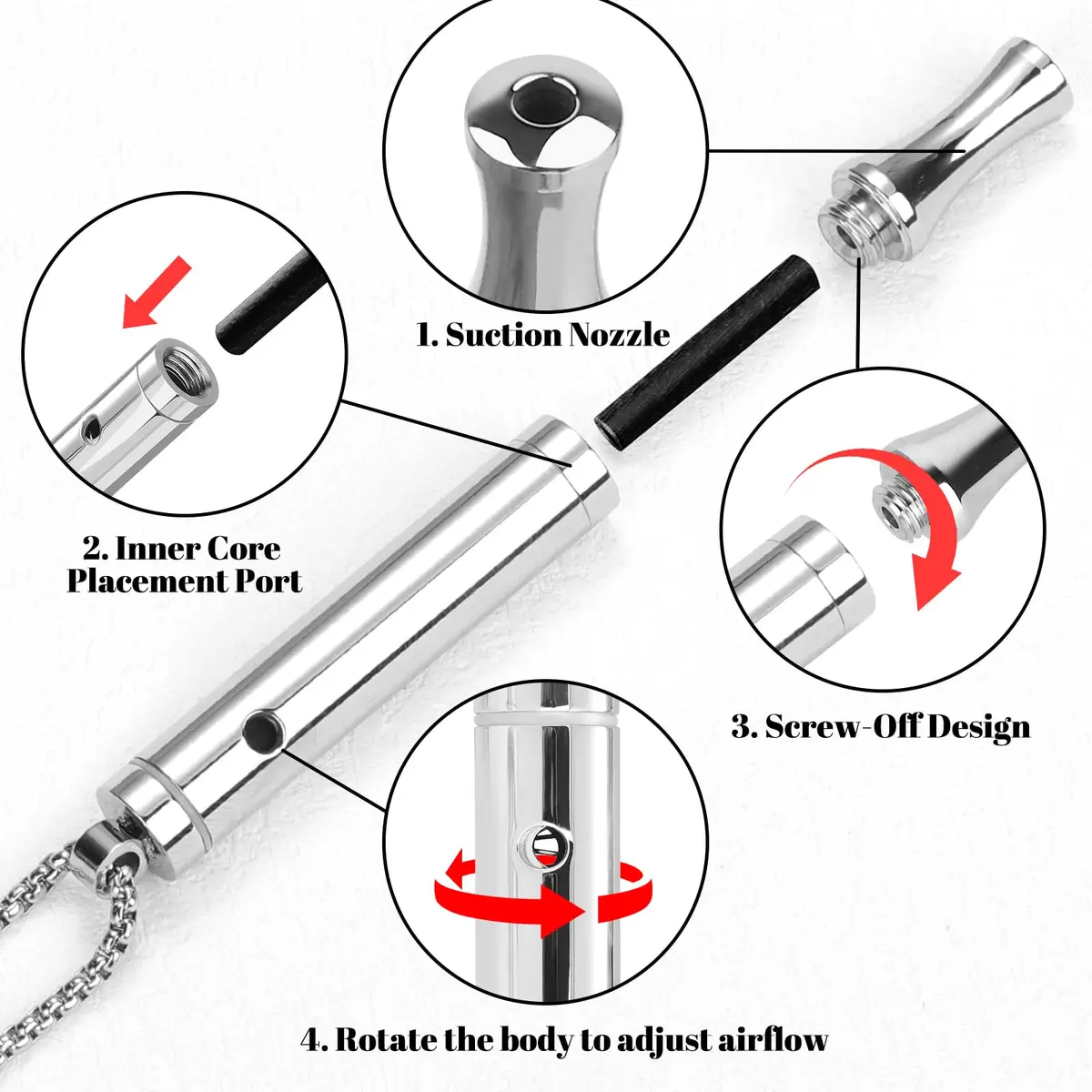 ASTOFLI Quit Smoking Breathing Necklace 2 KPA Resistance, Silver Stainless Steel | Helps Reduce Stress & Anxiety - view 6