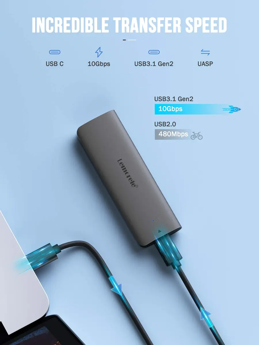 Lemorele Aluminum M.2 NVMe Enclosure, USB 3.2 Gen2 10Gbps, Tool-Free, Supports PCIe M-Key NVMe SSDs, UASP Trim, 2280/2260/2242/2230, Not SATA (70-120 chars) - view 7