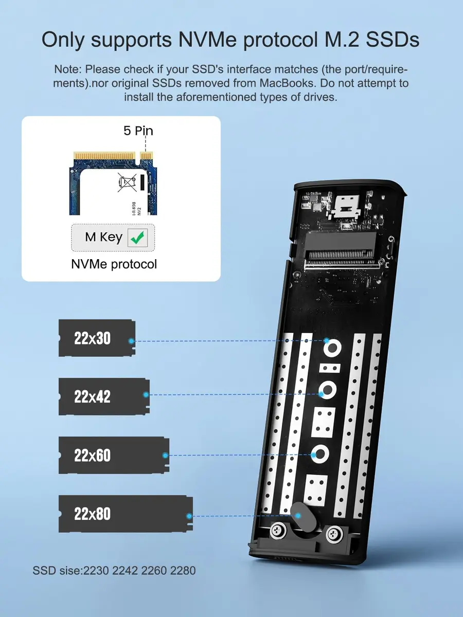 Lemorele Aluminum M.2 NVMe Enclosure, USB 3.2 Gen2 10Gbps, Tool-Free, Supports PCIe M-Key NVMe SSDs, UASP Trim, 2280/2260/2242/2230, Not SATA (70-120 chars) - view 2