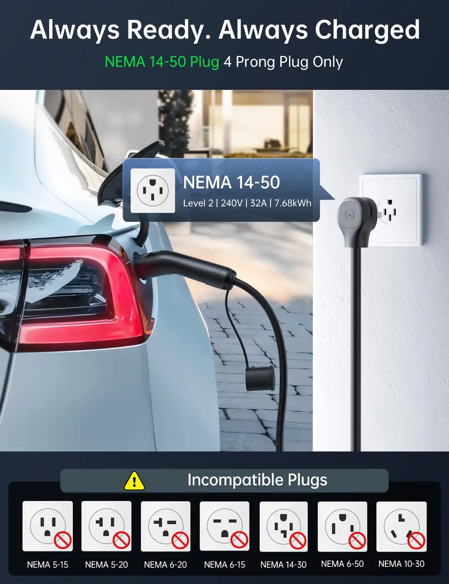 Raylix 32A Level 2 EV Charger for Tesla | Fast NEMA 14-50 Plug, 7.68KW, Portable - view 5
