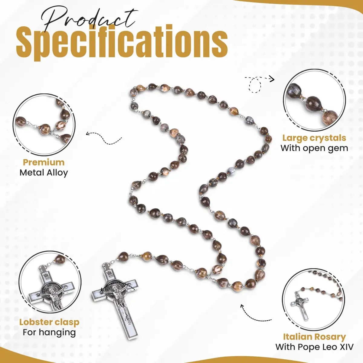 SANCTUM VERITAS Gray Seed Catholic Rosary Necklace | Large Italian Prayer Beads Gift 21.5 cm - view 4