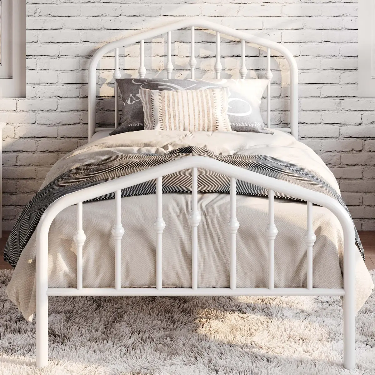 SHA CERLIN Twin Size Metal Bed Frame with Victorian Wrought Iron Headboard, White | Noise-Free Support & Underbed Storage - main product image
